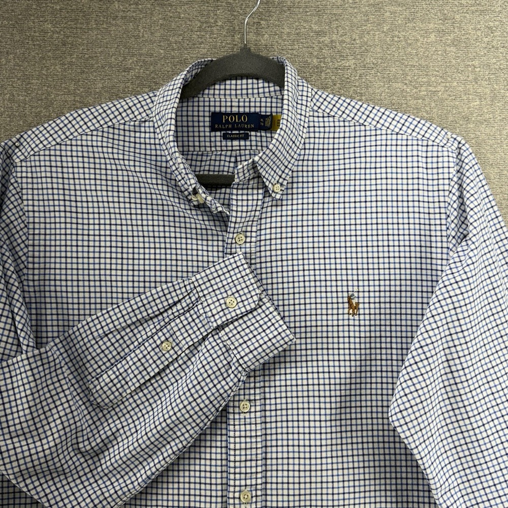 Polo Ralph Lauren Classic Fit Shirt Men Size XL Blue Check Button Up Flesh Pony